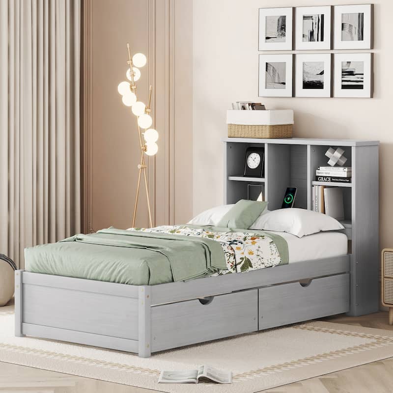 Modern Twin Size Bed with USB Port and Bookcase Headboard