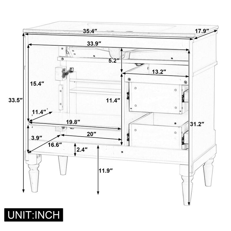 36" Bathroom Vanity with Sink, Freestanding Bathroom Cabinet with Ceramic Basin, Flip Drawer
