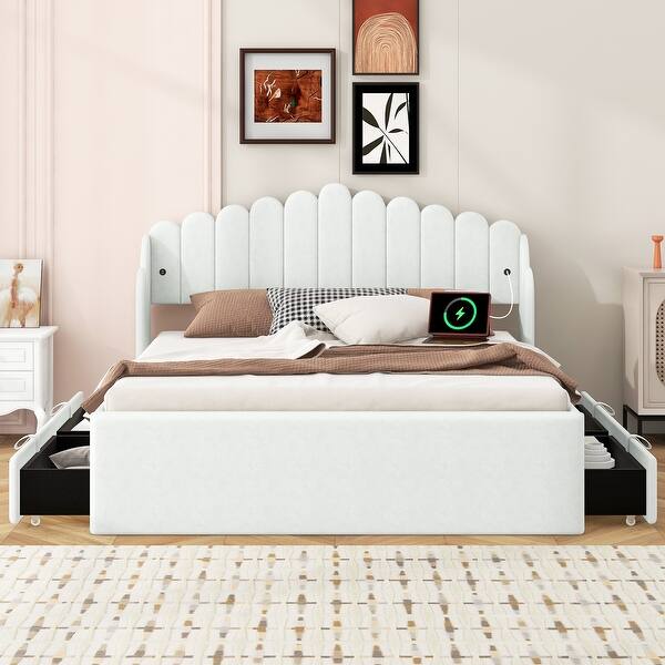 slide 2 of 60, Full Platform Bed with Storage Shelves and Trundle, Space-Efficient White Design Beige - Queen