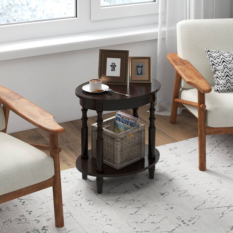 Gymax 2-Tier End Table Oval Compact Sofa Side Nightstand w/ Storage