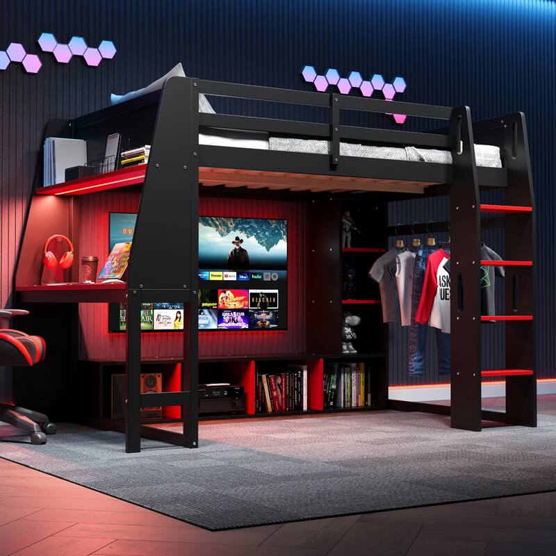 Black Gaming Loft Bed with Desk, Cabines Shelves, LED and Clothes Rack