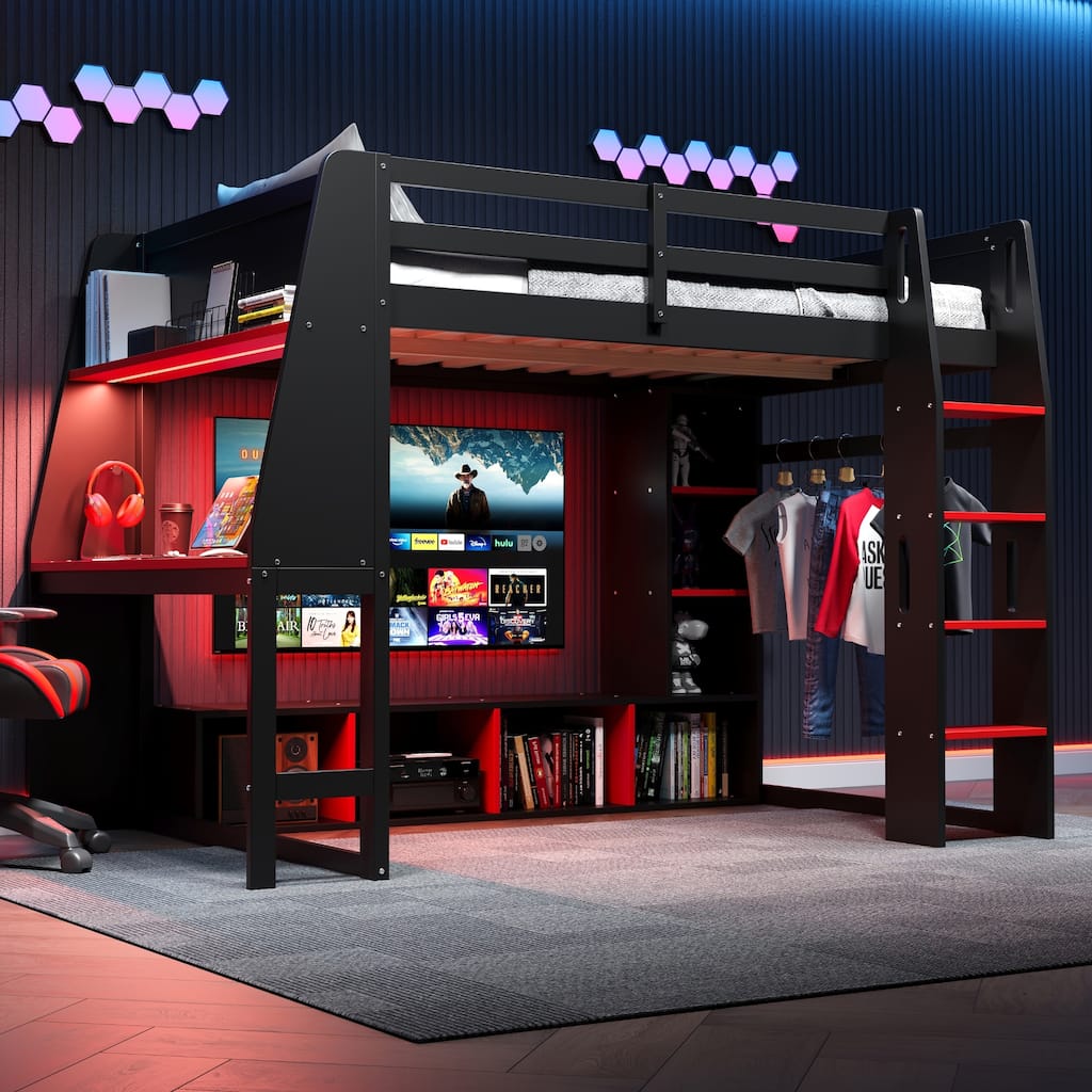 Gaming Loft Bed Teen Bed Frame with Desk Multi-storage Shelves Hanging Clothes Rack Space Saving LED Workstation Loft Bed