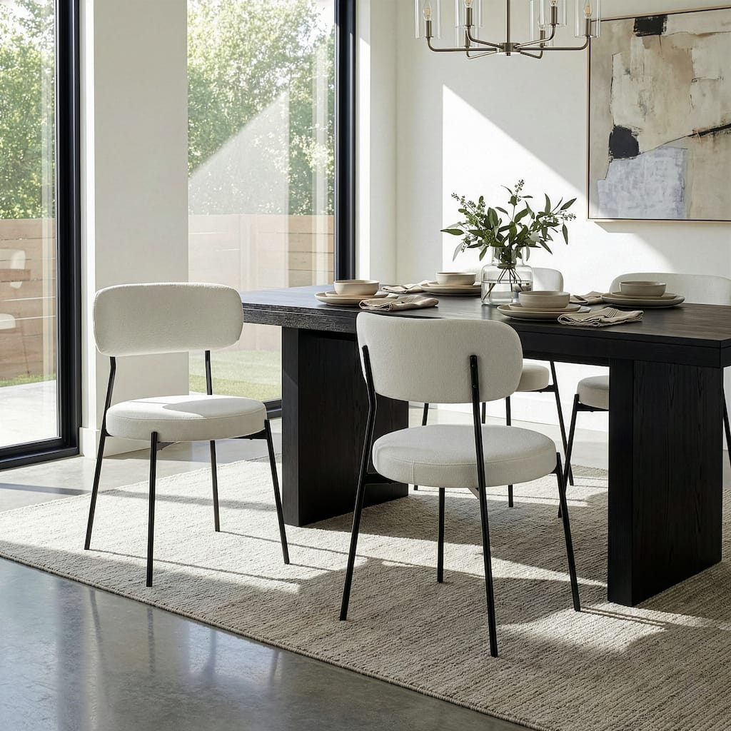 Set of 2 Aya White Chenille Dining Chair with Black Steel Legs