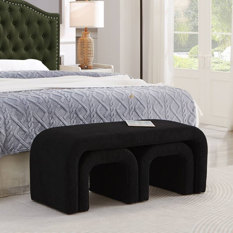 3-Piece End of Bed Bench Set with 2 Small Benches, Teddy Ottoman Bench Sofa Footrest for Entryway, Living Room