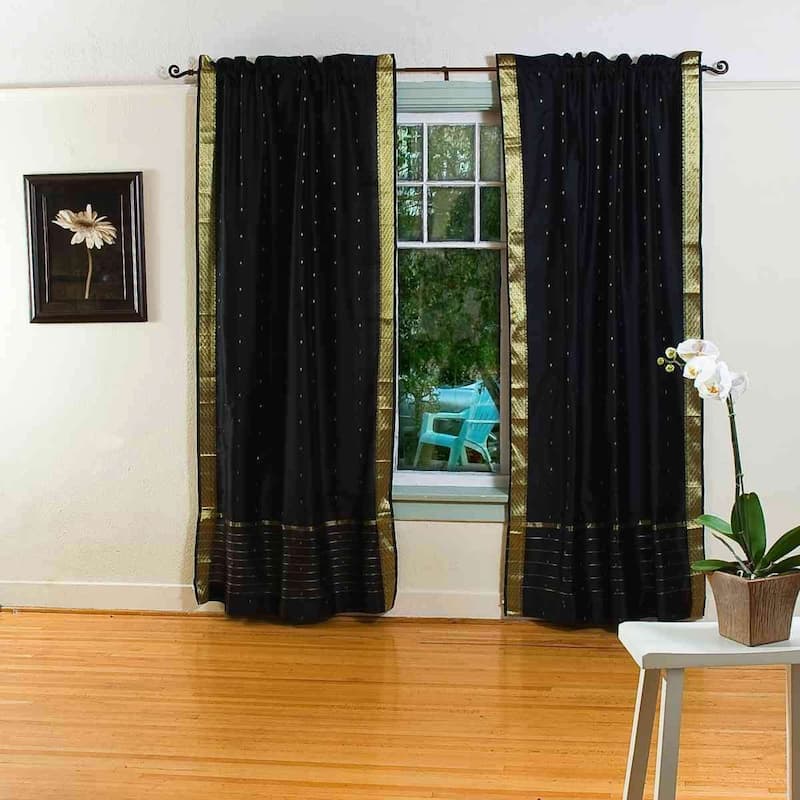 Black Rod Pocket Sheer Sari Curtain / Drape / Panel - Pair - 43" W X 120" L (Unlined) - 120 Inches
