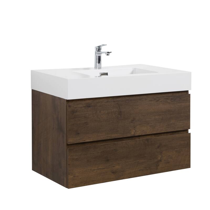 Alice Floating Bathroom Vanity with Rosewood Finish, Glossy White Basin, Soft-Close Drawers, Eco-Friendly Construction