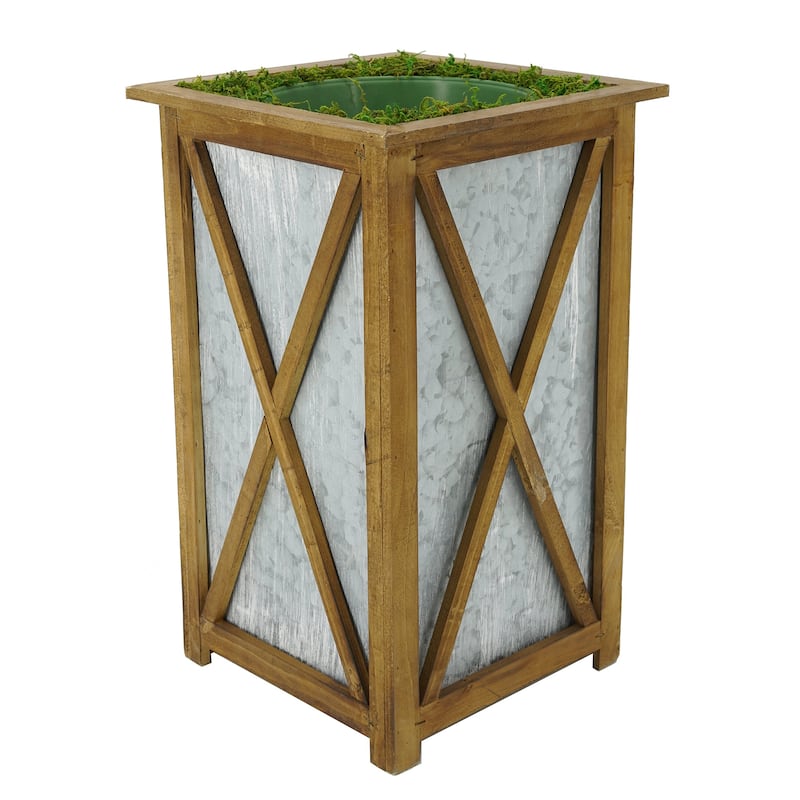Large Tall Crisscross Wood/Metal Planter Pot-in-a-Pot - Brown