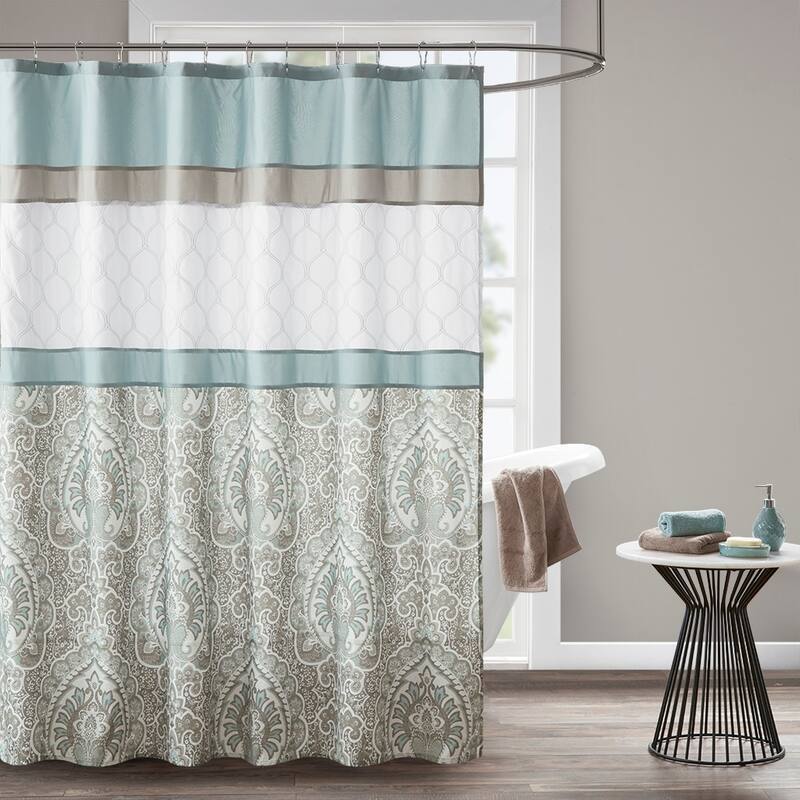 Transitional Printed and Embroidered Shower Curtain - Seafoam