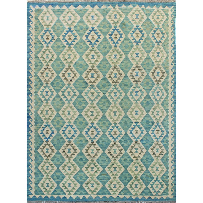 Sun Faded Flatweave Rahmatul Blue-Grey/Ivory Rug - 5'6" x 8'0"
