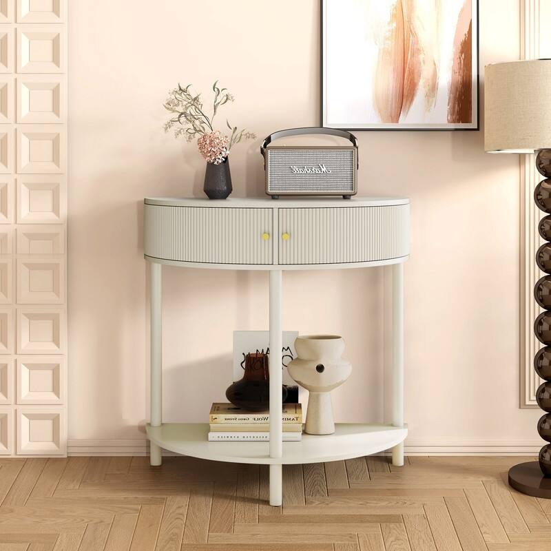 Modern 31.5" Fluted Semi-Circle Narrow Console Table with Drawers and Dual Storage Solutions - Cream