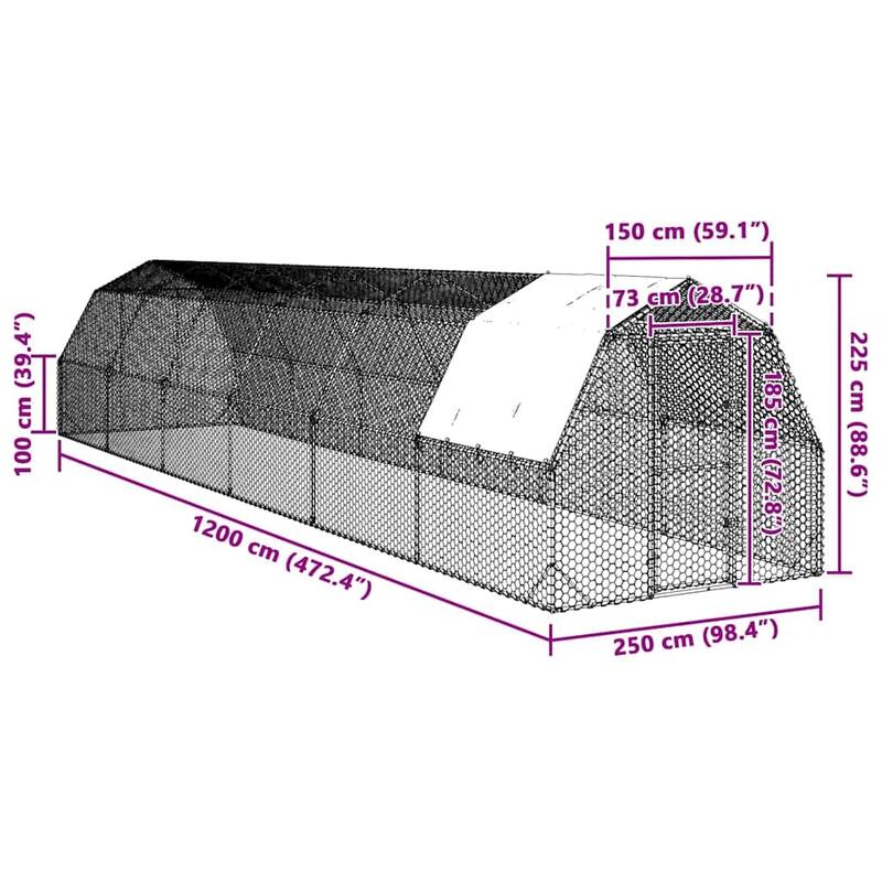 vidaXL Chicken Run Silver Galvanized Steel, PE (polyethylene) Large - 472.4 x 98.4 x 88.6