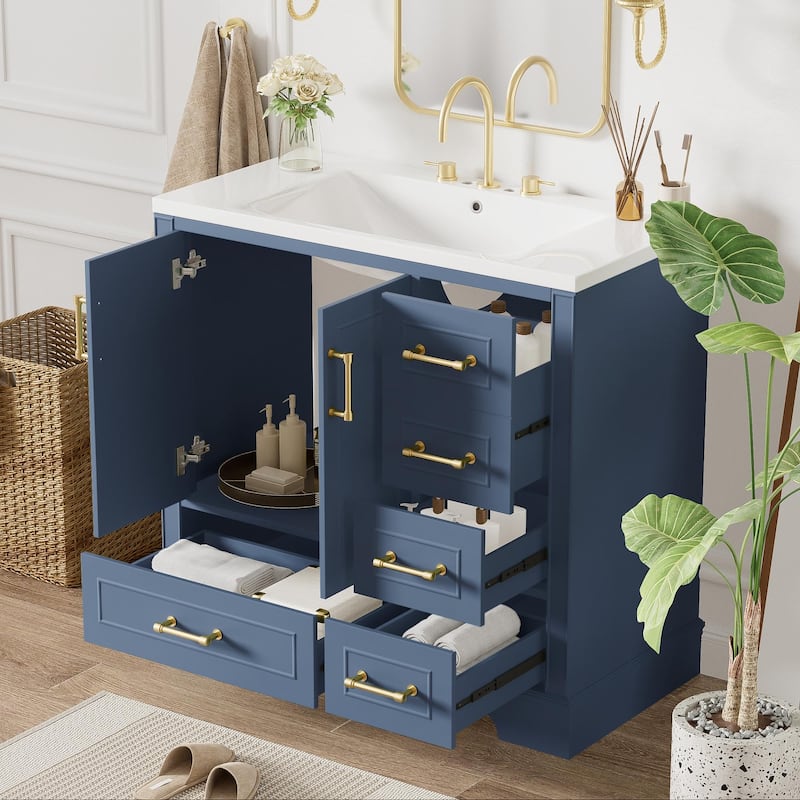 36 inch Solid Wood Traditional Bathroom Vanity with Ceramic Sink and Four Drawers