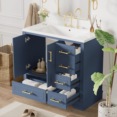 36-inch Traditional Bathroom Vanity with Resin Sink Combo Set, Blue Bathroom Cabinet with Two Doors and Four Drawers