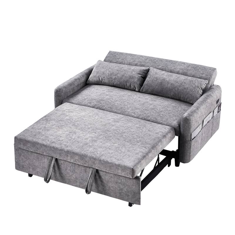 3-in-1 Pull Out Sofa Bed, Couch Bed with Adjsutable Back and Storage Pockets, 2 Seater Sofa with 2 Soft Pillows and USB Ports