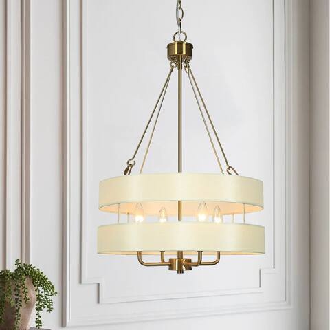 Malury Modern 4-Light Gold Drum Chandelier Fabric Shaded Foyer Pendant Lights - Brushed Brass Gold/Off-white - D17" x H30"
