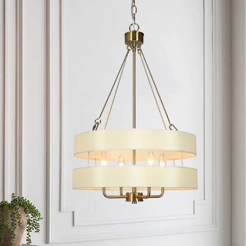 Transitional Modern Dining Room Chandelier Drum Fabric 4-light Dimmable Ceiling Light - Brushed Brass Gold - D17" x H84.5"