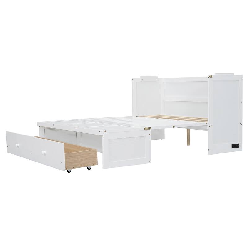 Space-Saving White Full Size Murphy Bed with USB Ports and Large Storage Drawer