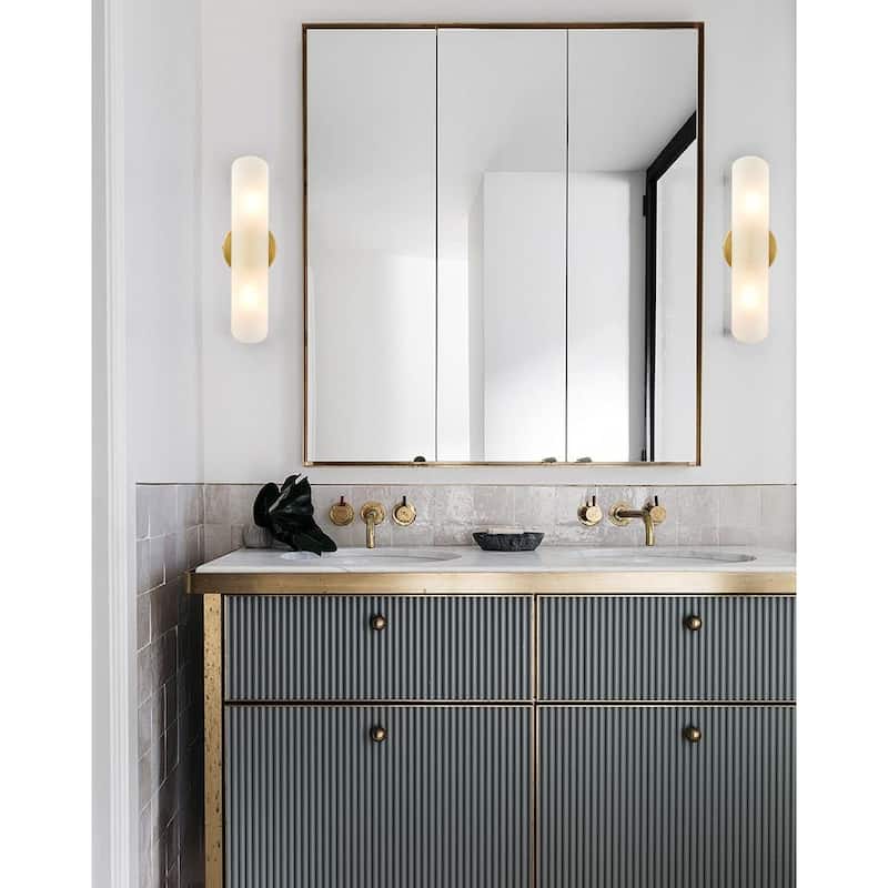 2 pack cylinder sconce white glass vanity light brass wall lighting fixture
