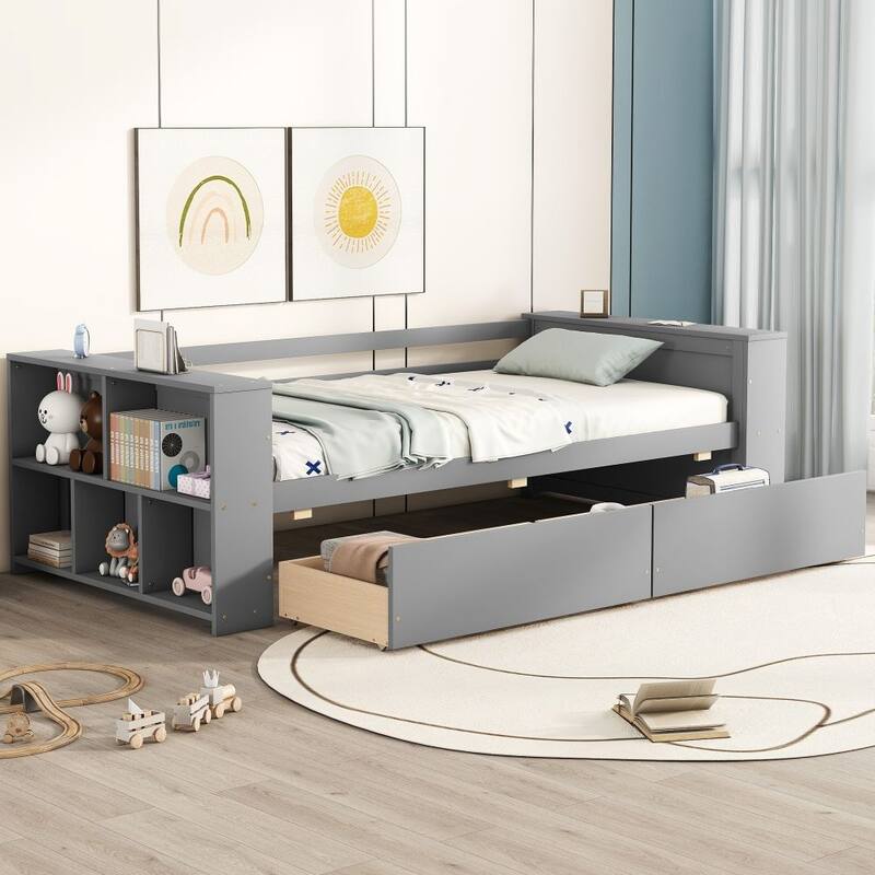 Twin Size Pine Daybed with Shelves and Drawers