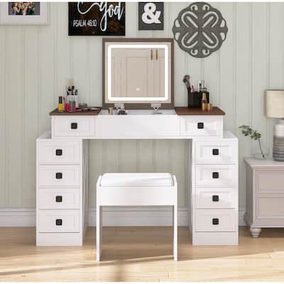 Vanity Desk with Dimmable LED Light with 10 Drawers,with Flip Up Mirror,Large Storage Vanity Table Set with Stool and Drawers