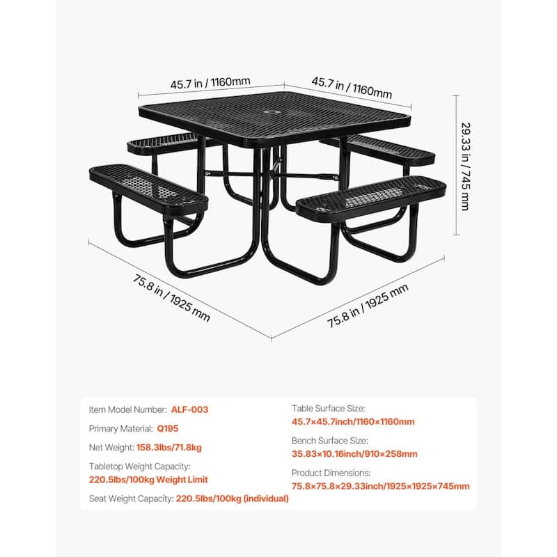75.8" Black Picnic Square Dining Table with Built-in Umbrella Hole and Metal Frame for 6-8 People - 75.8 x 75.8 x 29.33 in