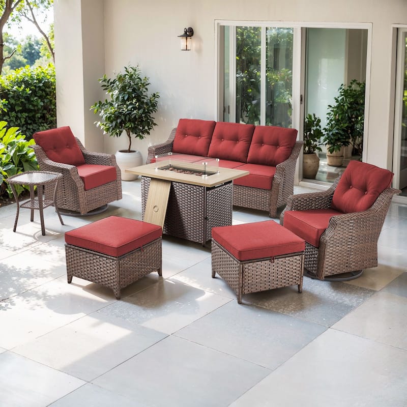 Artisan Brown Wicker Patio Fire Pit Conversation Set with 3-Seat Sofa & Swivel Gliders - Red - 7-Piece