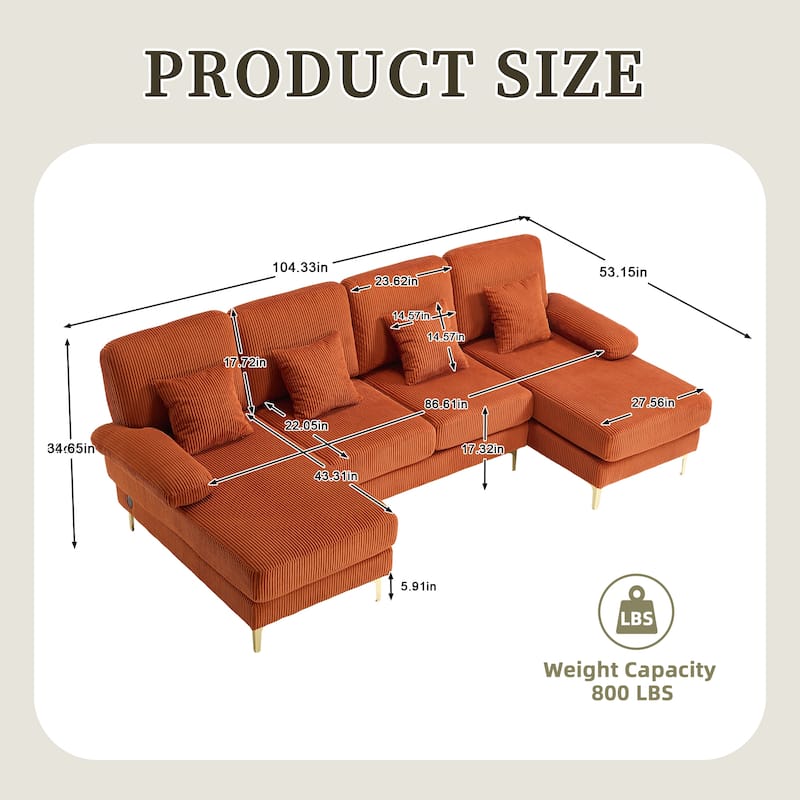 HOMEFUN Corduroy Upholstered U-shaped Adjustable Light Modular Sectional Sofa With Type-C and USB ports