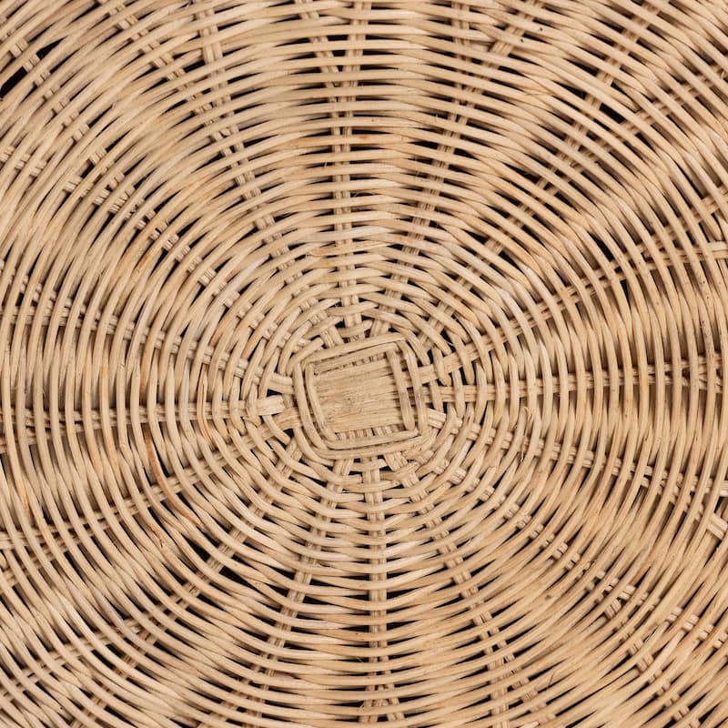 Ying Round Natural Rattan Ottoman with Cushion - Handwoven Wicker Pleated Skirt Accent Coffee Table or Extra Seating