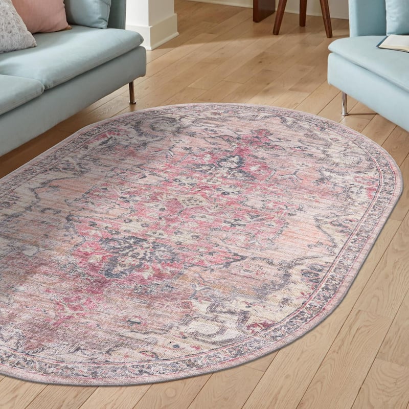 Transitional Pria Collection Area Rug - 5'11"x9' Oval - Beige-Pink