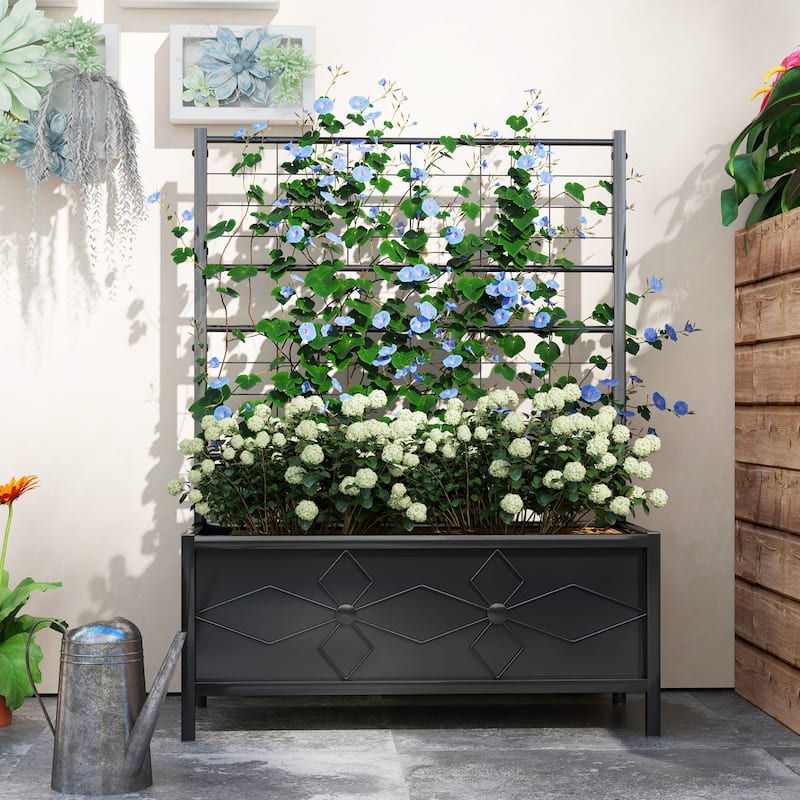 Outsunny Galvanized Raised Garden Bed with Trellis, Outdoor Planter Box for Climbing Vines Vegetables Flowers, Metal Garden Box