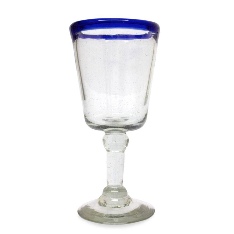 NOVICA Artisan Handblown Wine Glasses Blue Rim Goblets Mexican Clear