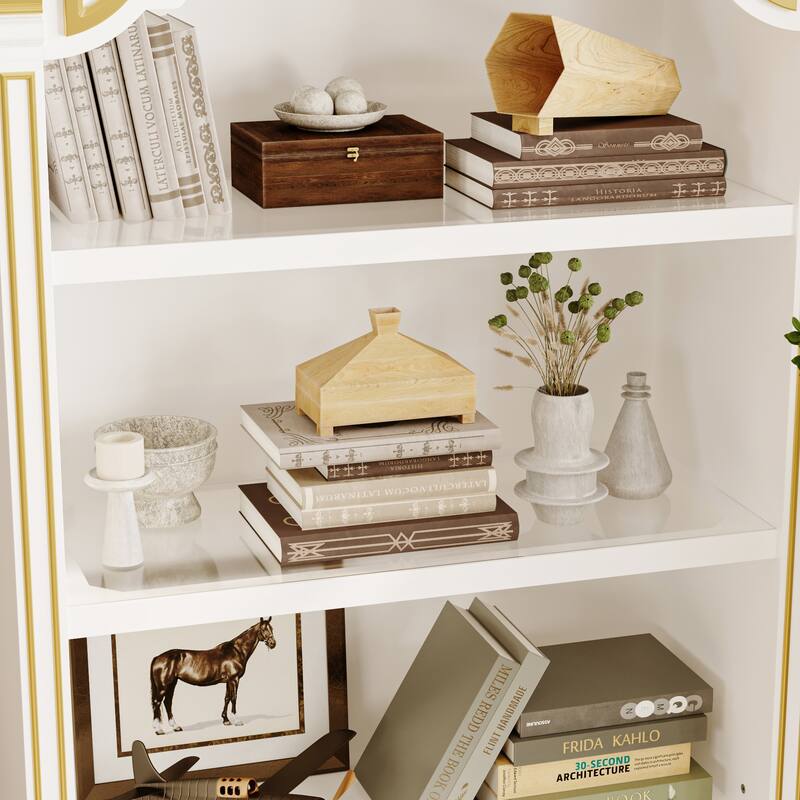 Display Cabinet with Drawers Tall Wine Bar Bookcase with LED Light Glass Shelves, Carved Solid Wood Front, 76.6"