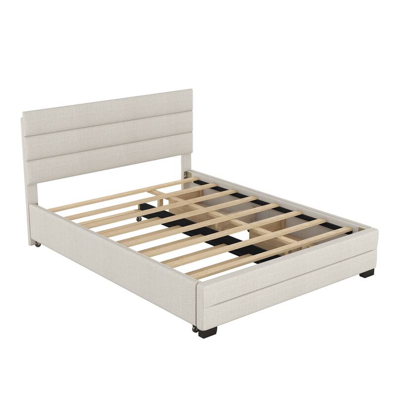 Roomfitters Queen Upholstered Platform Bed with Twin Trundle and Side Compartments for Extra Storage, Beige