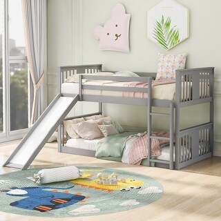 Gray Twin over Twin Solid Wood Bunk Bed with Slide and Fence