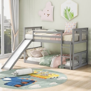 Twin Over Twin Bunk Bed with Slide and Ladder, Solid Wood Bedframe
