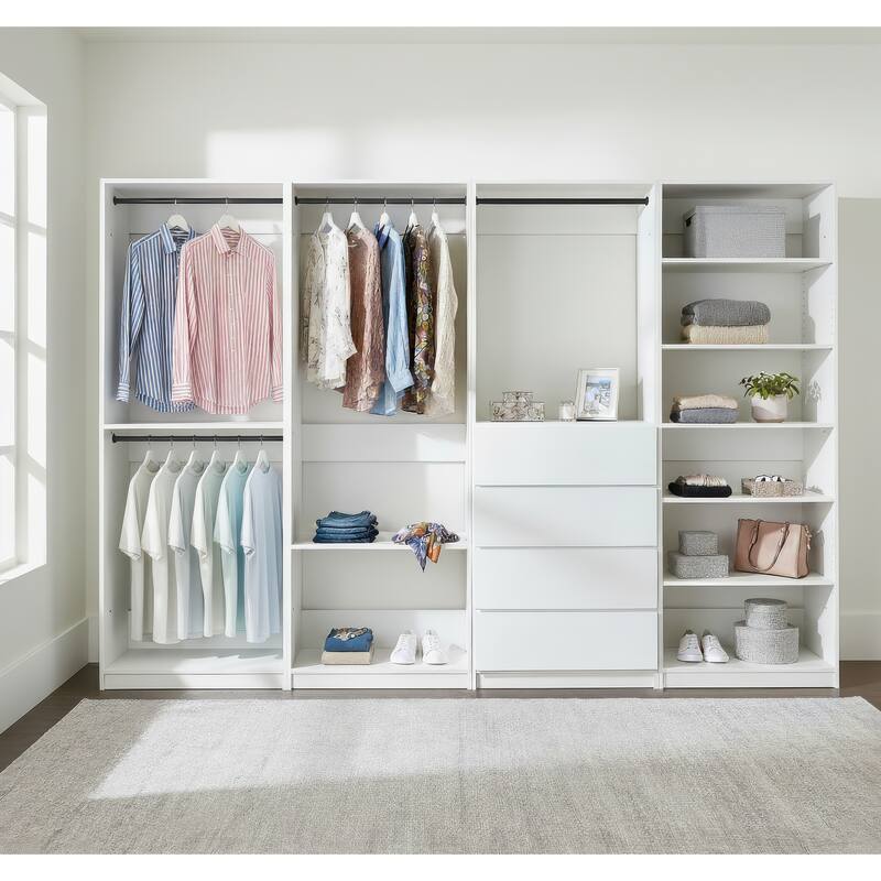 Prosper White Freestanding Walk in Wood Closet System - 125.6"W x 15.7"D x 83" H