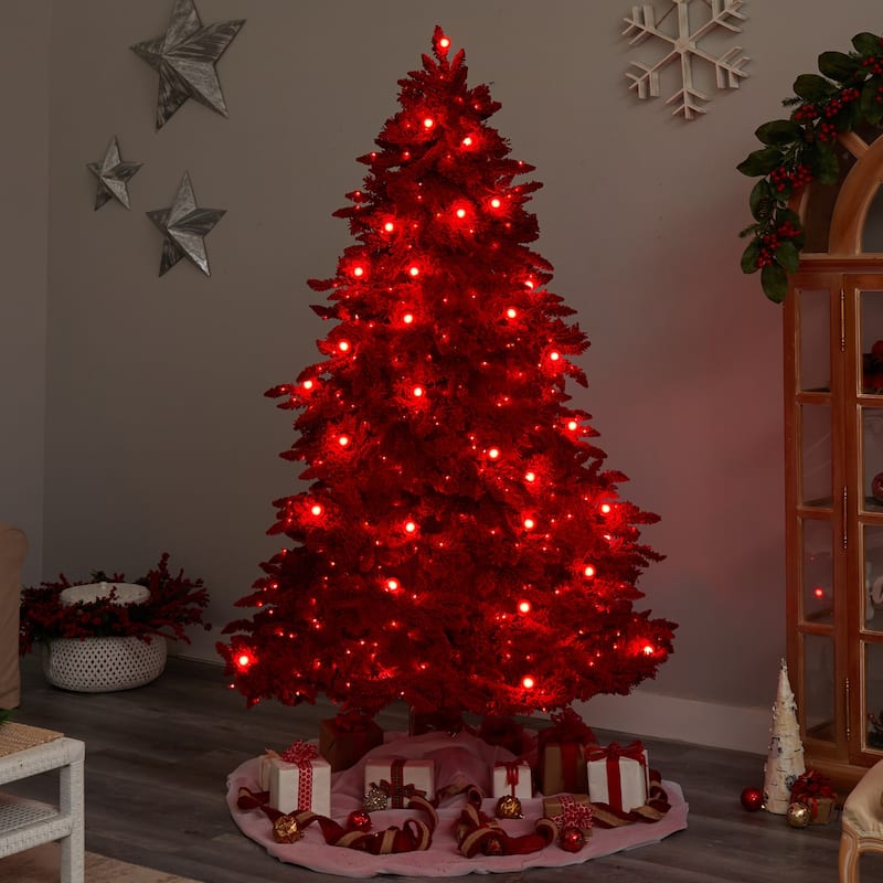 8ft. Red Flocked Fir Artificial Christmas Tree with 700 Red Lights, 45 Globe Bulbs & 1468 Branches - Bold X-Mas Statement Tree