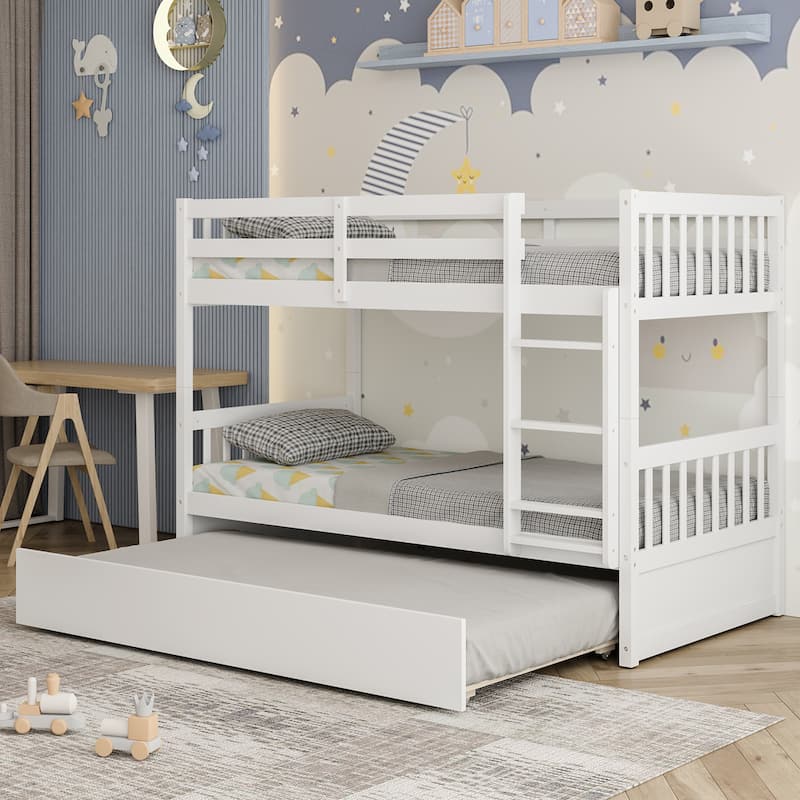 Costway Twin Over Twin Bunk Bed with Twin Trundle Solid Wood Frame - See Details
