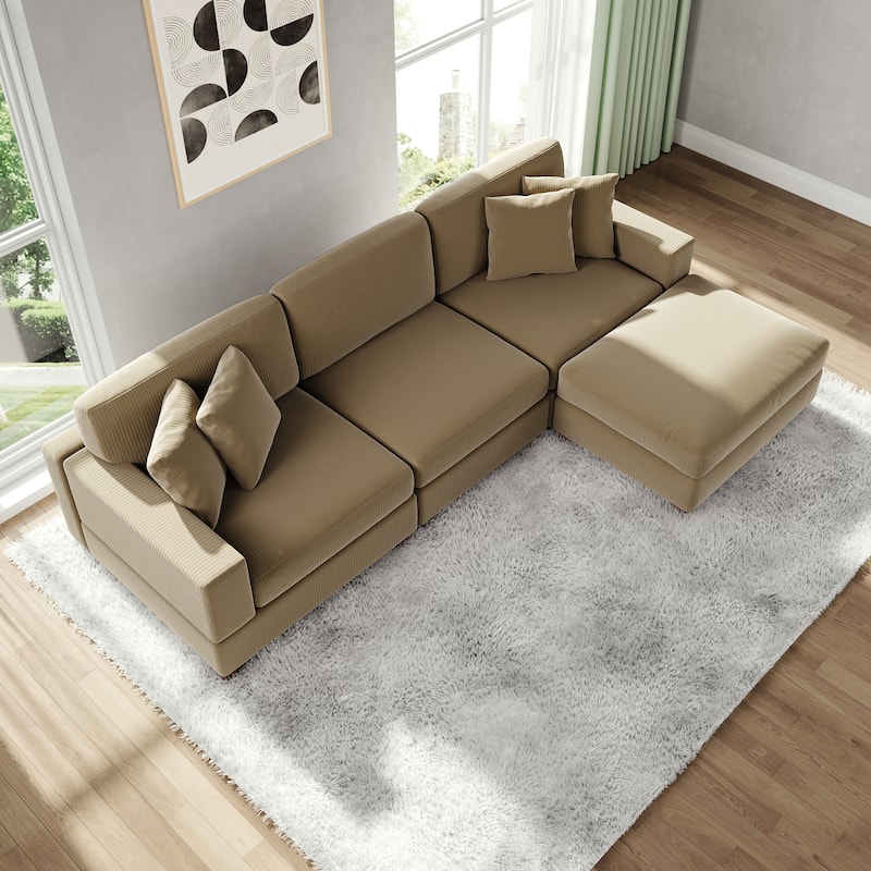 Modular Corduroy Sectional Sofa Set Chaise Couch with Ottoman