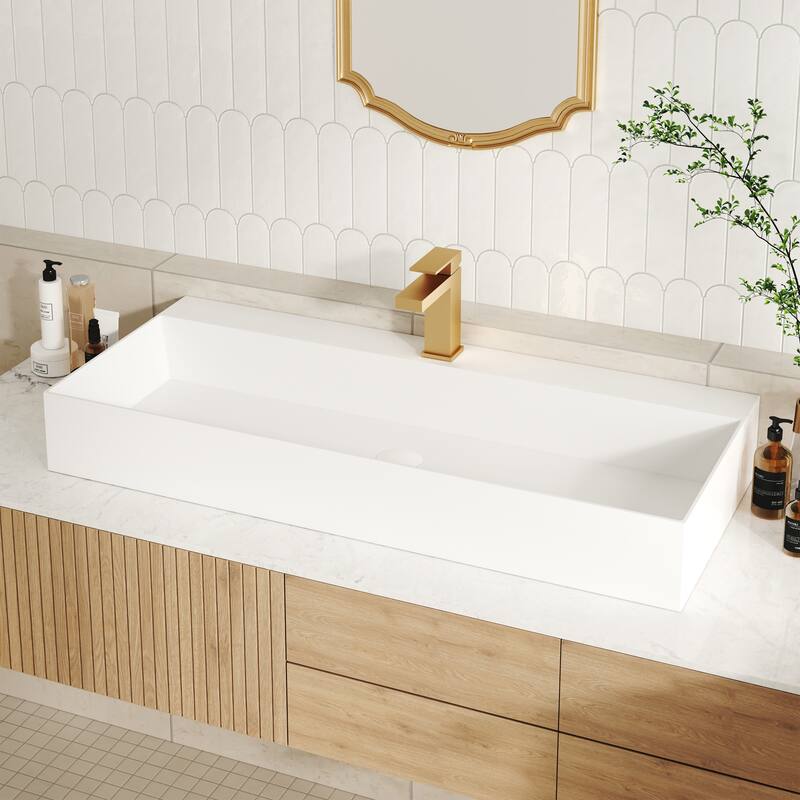 Solid Surface Wall-Mounted Rectangular Bathroom Sink with Pop-Up Drain, Modern Floating Wash Basin with Center Drain - Matte White (Solid Surface) - 42 x 17.99 x 4.53