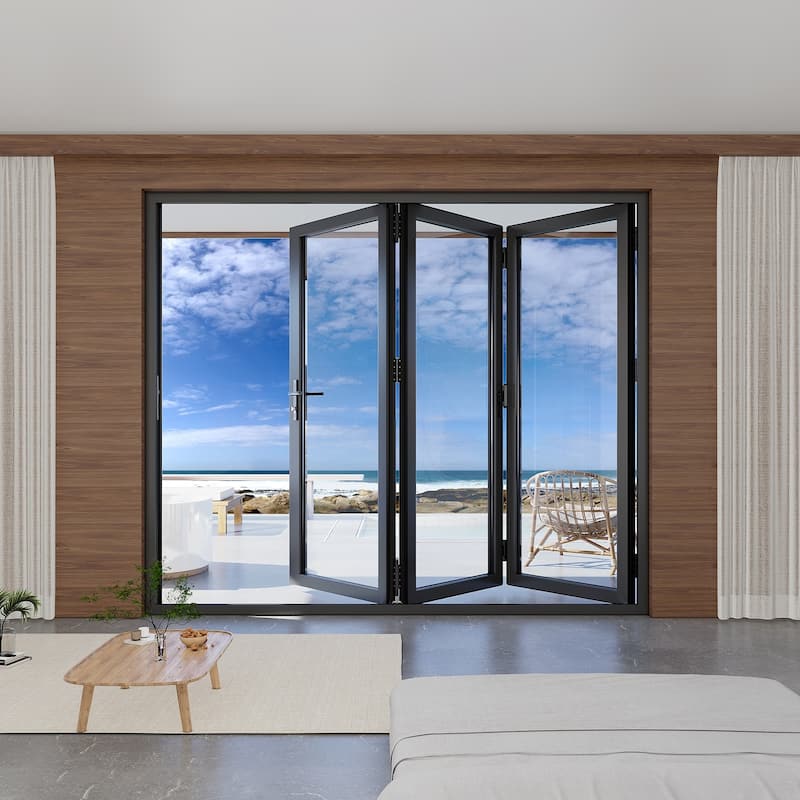 KaMic 108" x 80" 3 Panels Aluminum Folding Doors in Black, Folded Out from Right to Left Model #: FD3PBK10880-RL