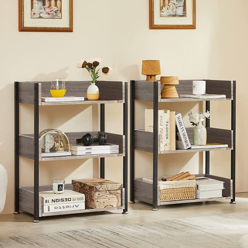 Javlergo Set of 2 Small Bookshelf, 3-Tier Open Bookcase Storage Display Shelves - Grey