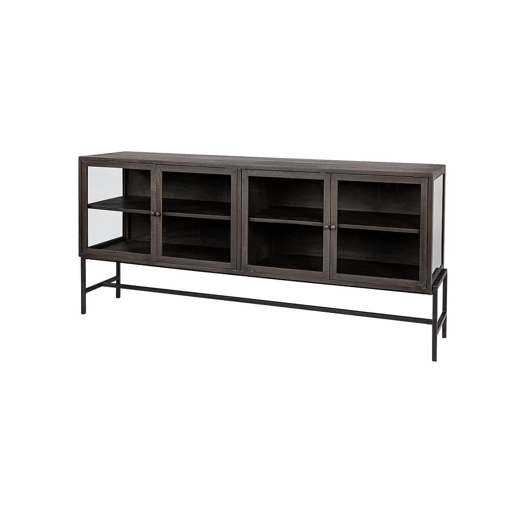 Arelius Light Brown w/ Black Metal Base 4 Door Glass Cabinet Sideboard - 70.0L x 18.0W x 32.0H