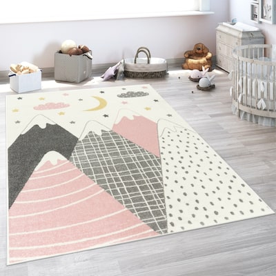 Kids Rug with Pastel Mountains dreamy Stars and Moon for Nursery