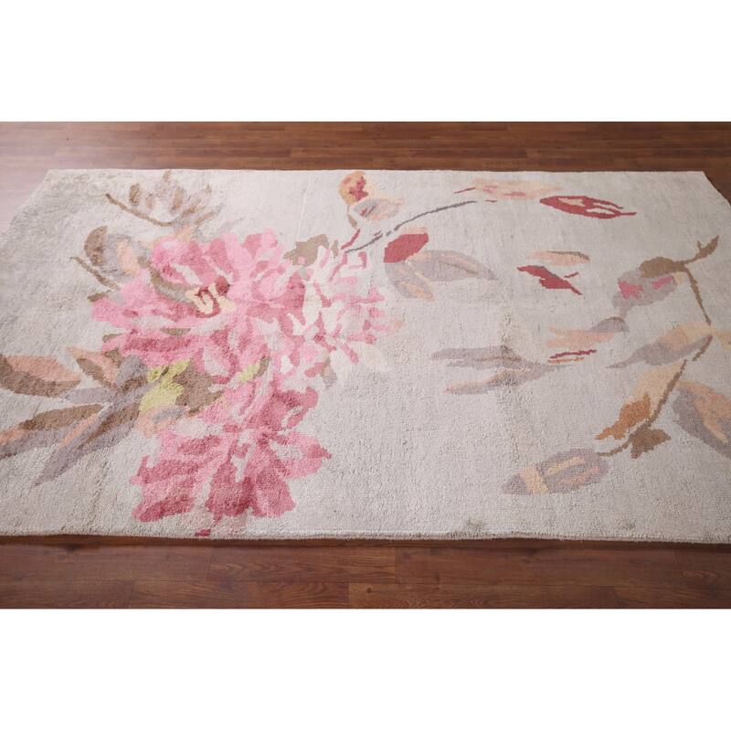 Handmade Abstract Indian Area Rug Oriental Beige Wool & Silk Carpet - 5'5"x 8'5"