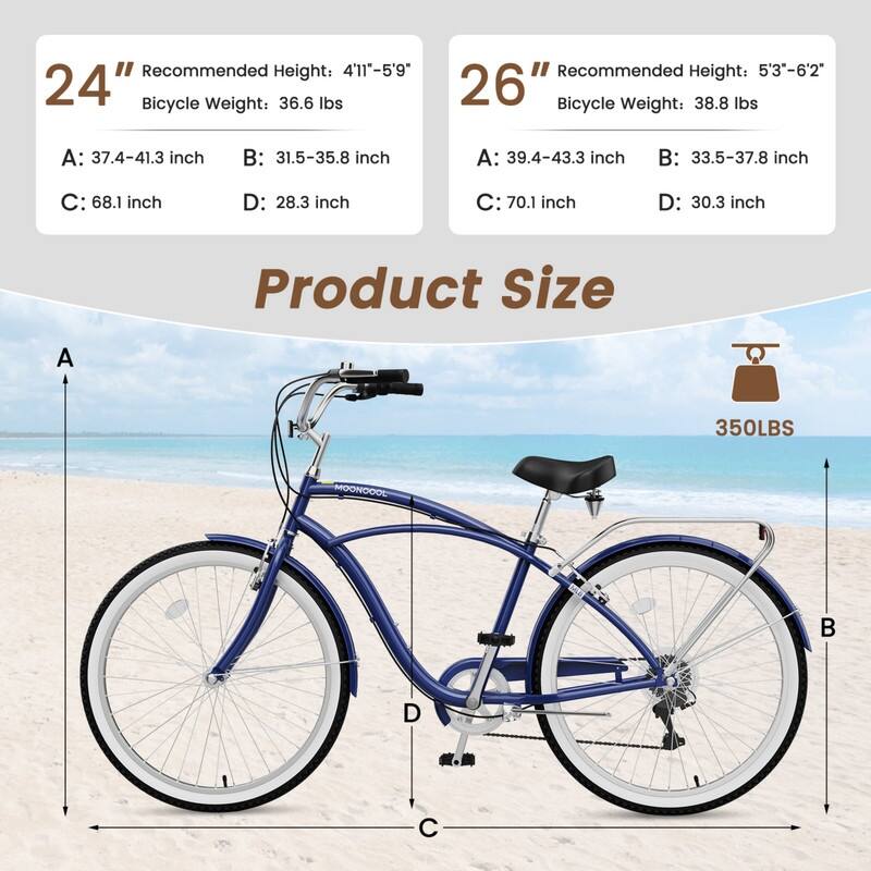 Beach Cruiser Bike for Women and Men, 24/26 Inch 7-Speed Adult Bicycle