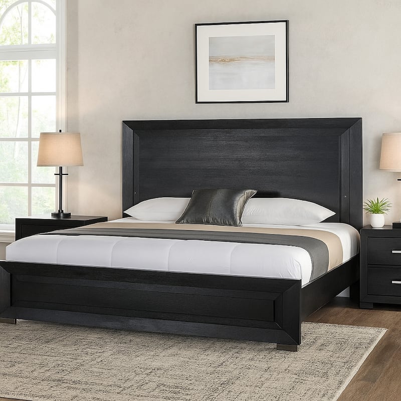 Ashen King Bed, LED Headboard, Chrome Metal Legs, Rustic Black Wood