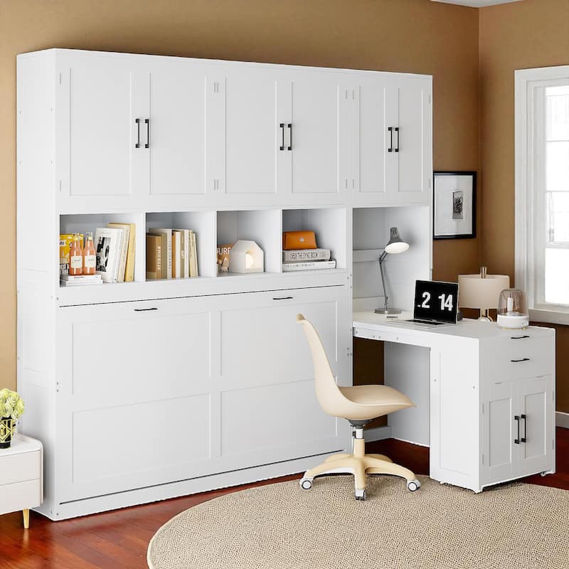 Twin Murphy Wall Bed with Closet, Drawers & Desk, Reversible Layout, 110.7 x 15.7 x 90.4 in, 400 lb Capacity