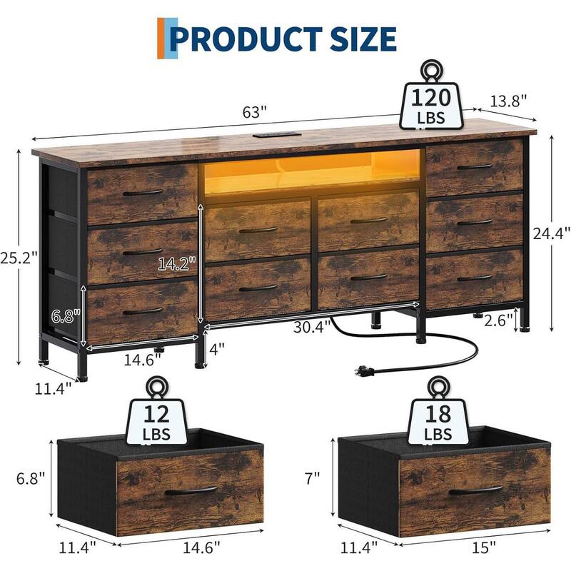 63 Inch Long Dresser TV Stand with 10 Fabric Drawers for 65-75 Inch TVs