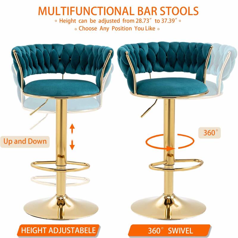 HOMEFUN Velvet Adjustable Height Swivel Armless Bar Stools With Golden Footrest(set of 2)